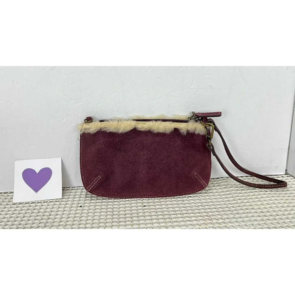 UGG Suede Shearling Lined Wristlet Pouch Burgundy‎ Evening Bag